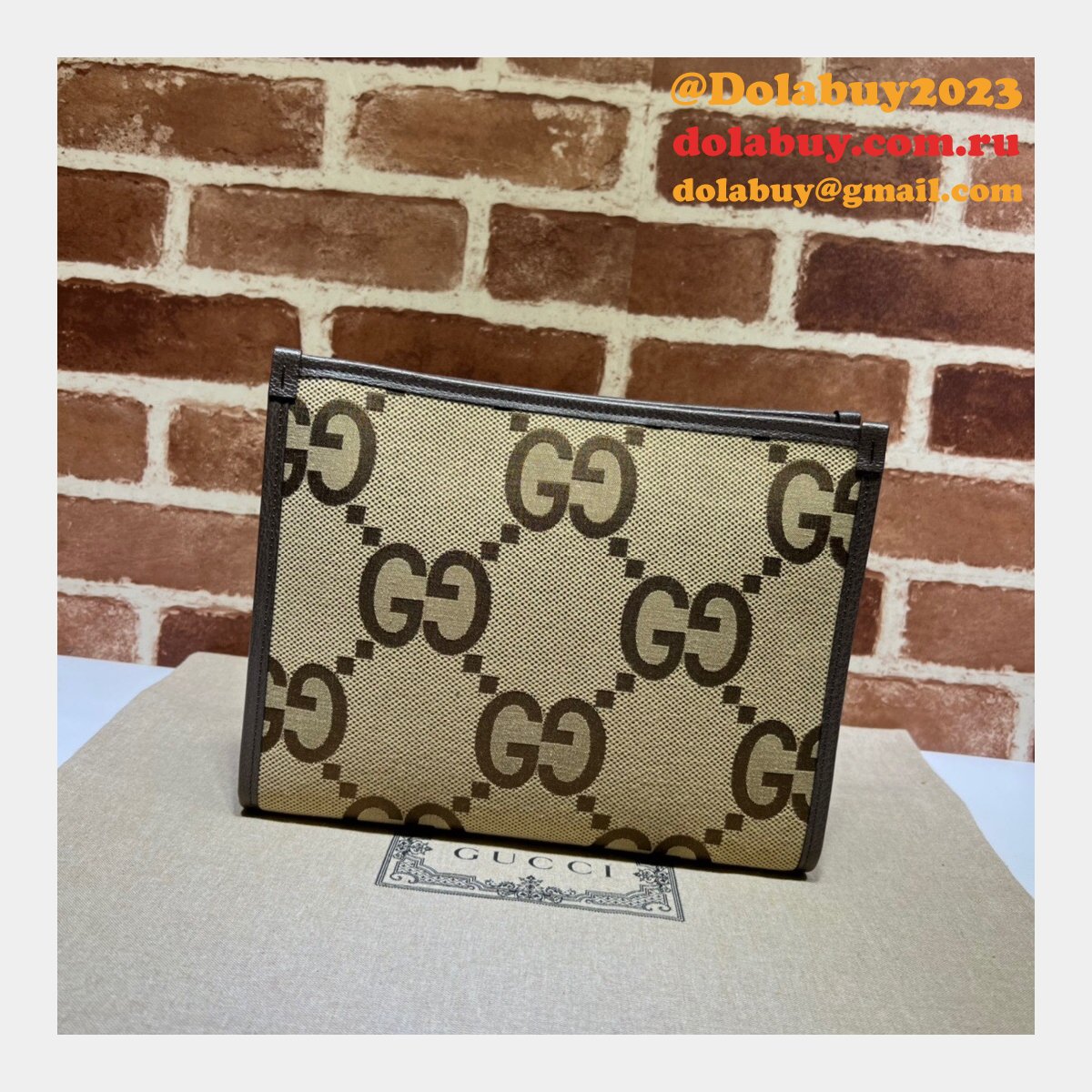 G*u*i replica 699318 clutches jumbo gg pouch camel ebony gg canvas
