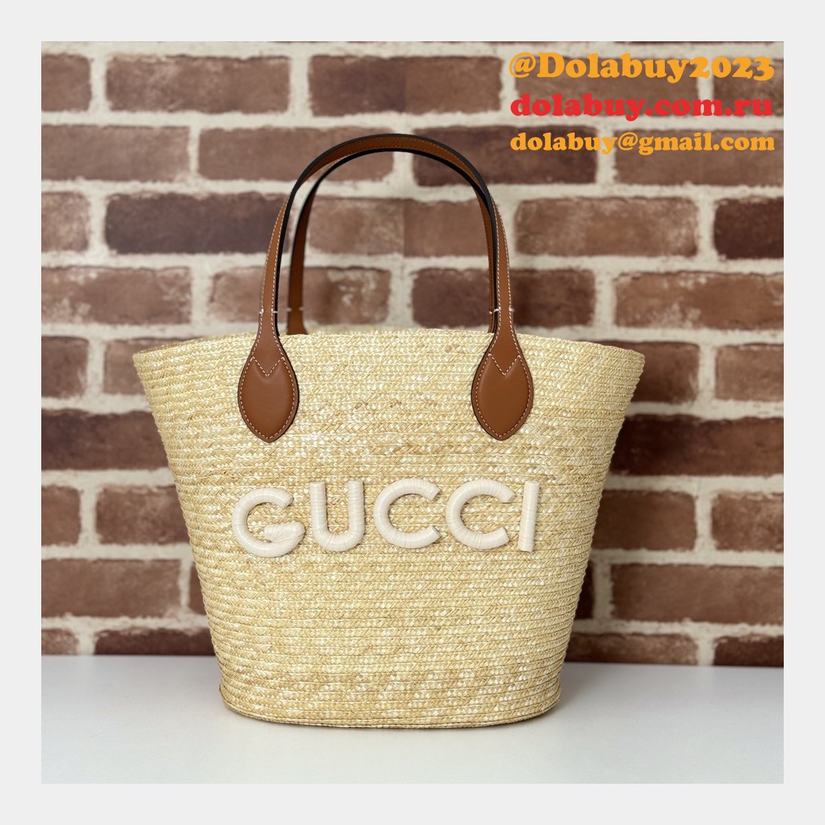 fashion medium straw tote with G*u*i patch 779530 fake bag